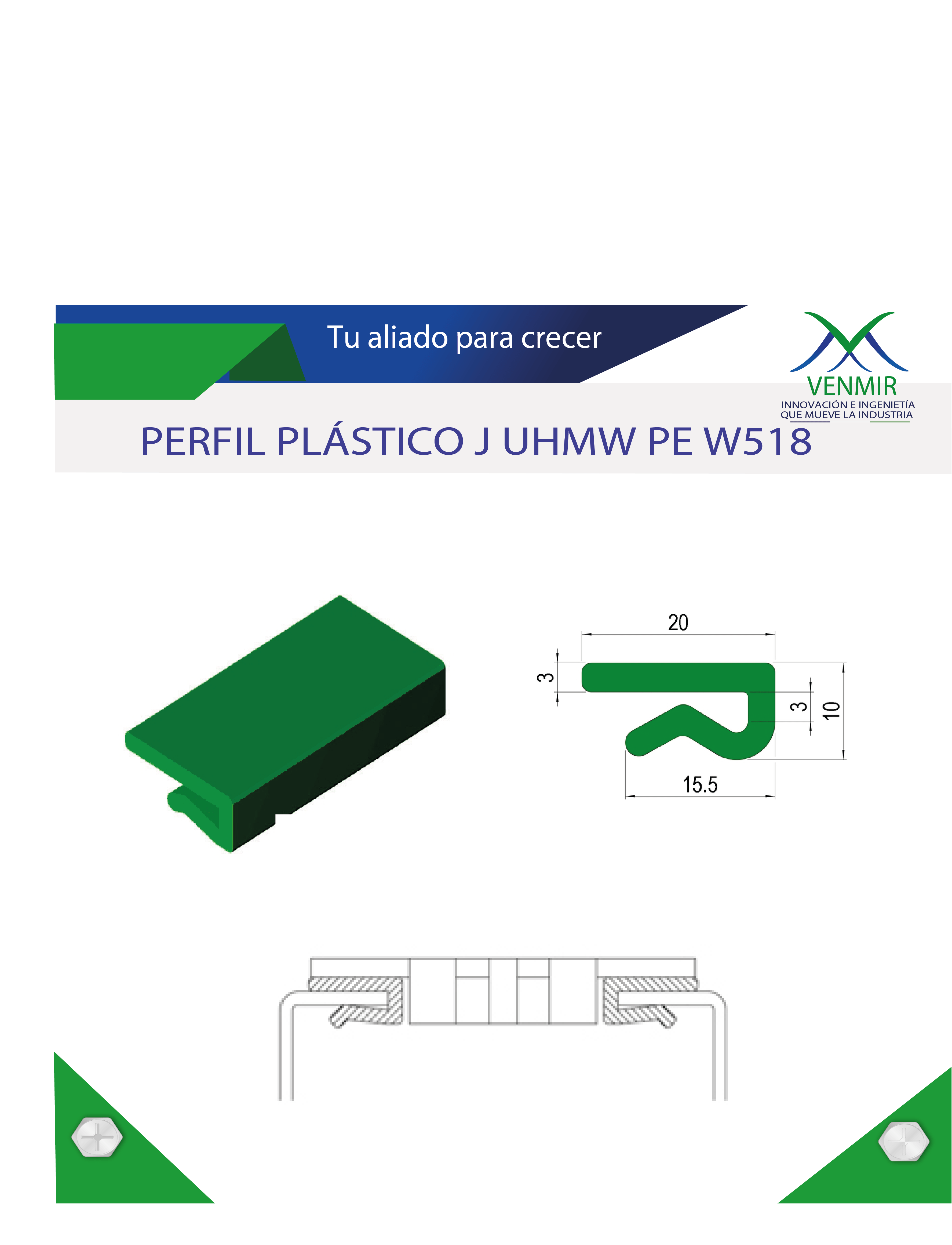 Perfil plástico de desgaste para banda transportadora J UH MW PE W5 18