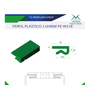perfil plastico verde sobre fondo blanco y diseño de venmir con especificaciones