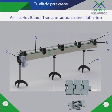render de banda de cadena table top definiendo cada parte de la misma en fondo blanco y diseño de VENMIR